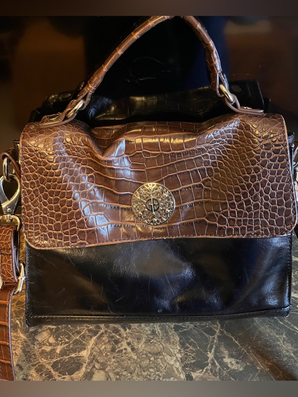 Brown Croc-Embossed Top Handle Bag with Black Base